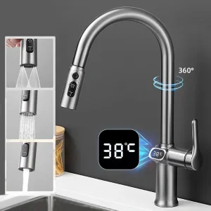 Digital Display Kitchen Faucet Pull Out Sink Mixer Tap Rotatable Hot and Cold Water Temperature Kitchen Tap
