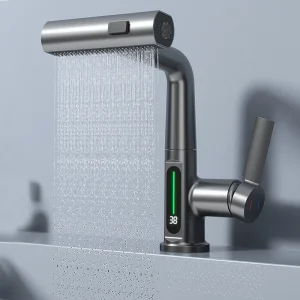 Digital Display Bathroom Basin Faucet Waterfall Temperature Mixer Tap Hot Cold LED Vanity Sink Faucet