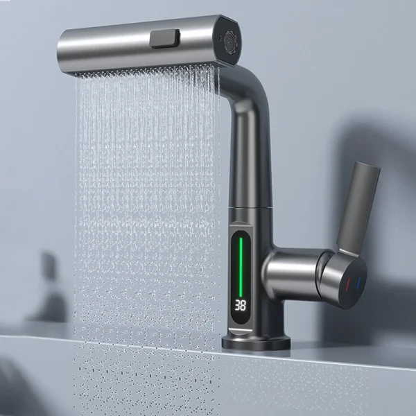 Digital Display Bathroom Basin Faucet Waterfall Temperature Mixer Tap Hot Cold LED Vanity Sink Faucet