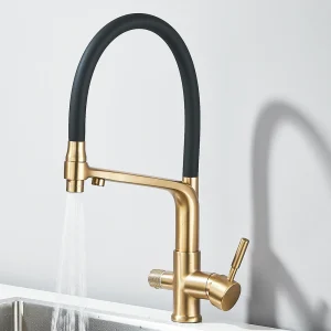 Brushed Gold Kitchen Faucet Dual Spout Filtered Water Purification Sink Mixer Tap 360° Rotating Kitchen Tap