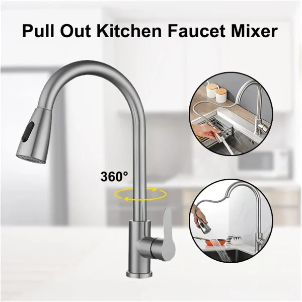 304 Stainless Steel Kitchen Faucet Drain 360° Swivel Hot Cold Sink Mixer Tap 2 Way Sprayer Single Handle - Image 4