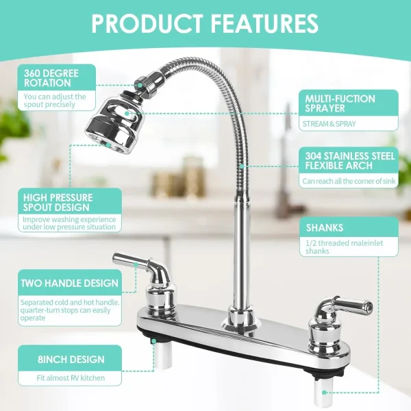 South American RV Kitchen Faucet Dual Port Sink Mixer Tap Splash Proof Kitchen Faucet Replacement Accessory - Image 3