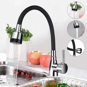 Chrome Kitchen Faucet Flexible Basin Mixer Tap 360° Rotating Single Handle Black Cold and Hot Kitchen Sink Tap
