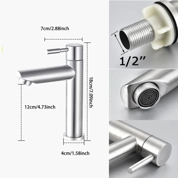 Bathroom Basin Faucet 304 Stainless Steel Single Cold Water Tap Deck Mounted Sink Mixer Silver Black Finish - Image 6
