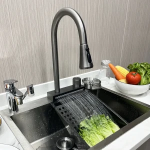 Stainless Steel Waterfall Kitchen Faucet 304 Pull Out Spray Rainfall Sink Mixer Tap Hot and Cold Water