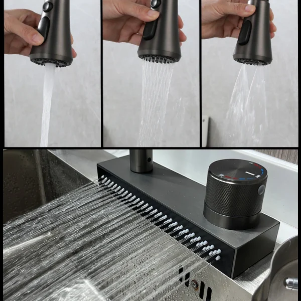 Stainless Steel Waterfall Kitchen Faucet 304 Pull Out Spray Rainfall Sink Mixer Tap Hot and Cold Water - Image 3