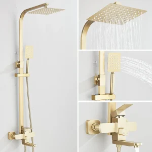 Gold Brushed 3 in 1 Shower System with Rain Shower Head Handheld Sprayer Swivel Spout Bathtub Faucet Set