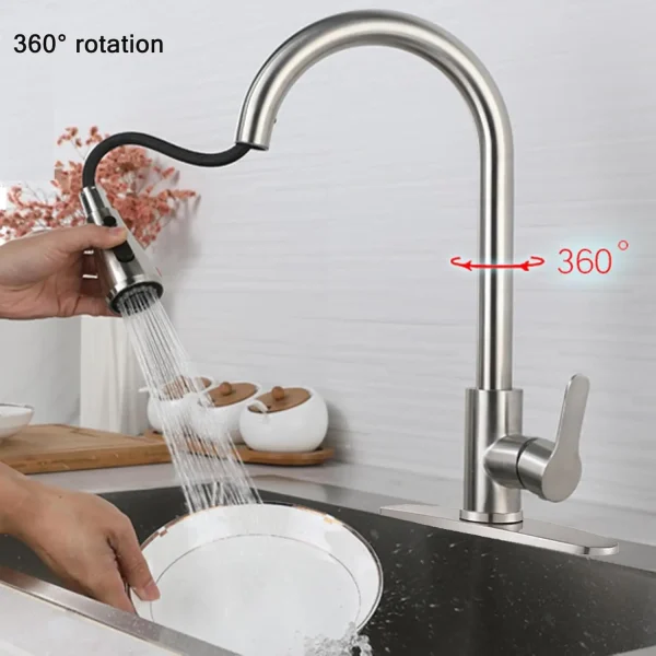 304 Stainless Steel Kitchen Faucet Drain 360° Swivel Hot Cold Sink Mixer Tap 2 Way Sprayer Single Handle - Image 5