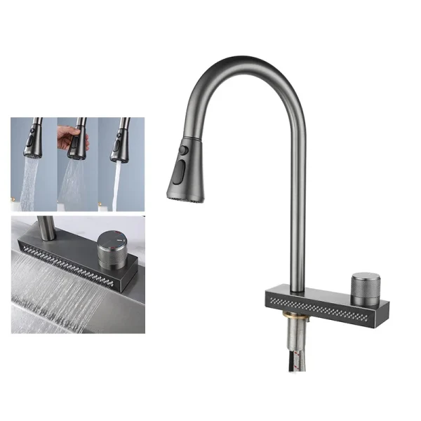 Stainless Steel Waterfall Kitchen Faucet 304 Pull Out Spray Rainfall Sink Mixer Tap Hot and Cold Water - Image 2