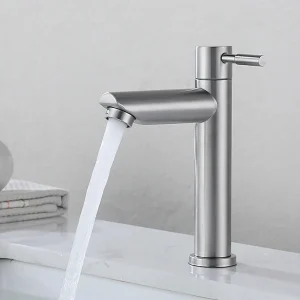 Bathroom Basin Faucet 304 Stainless Steel Single Cold Water Tap Deck Mounted Sink Mixer Silver Black Finish