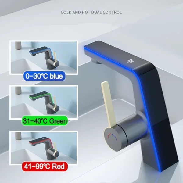 LED Temperature Display Basin Faucet High End Hot Cold Water Mixer Tap Single Hole Bathroom Vanity Sink - Image 2