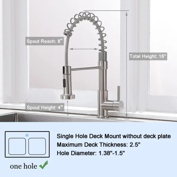 Commercial Kitchen Faucet Brushed Nickel Pull Down Sprayer Stainless Steel Single Handle Spring Mixer Tap - Image 3