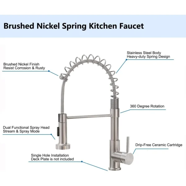 Commercial Kitchen Faucet Brushed Nickel Pull Down Sprayer Stainless Steel Single Handle Spring Mixer Tap - Image 6