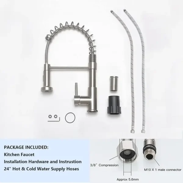 Commercial Kitchen Faucet Brushed Nickel Pull Down Sprayer Stainless Steel Single Handle Spring Mixer Tap - Image 4