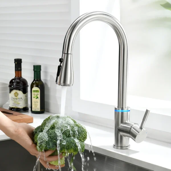 Brushed Nickel LED Kitchen Faucet Single Hole Pull Out Spout Mixer Tap with Sprayer Stream Black Sink Tap - Image 3