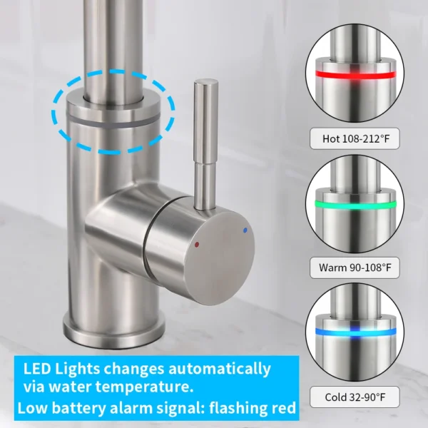 Brushed Nickel LED Kitchen Faucet Single Hole Pull Out Spout Mixer Tap with Sprayer Stream Black Sink Tap - Image 5