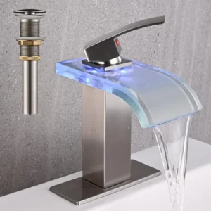 LED Bathroom Sink Faucet Waterfall Single Handle Vanity Basin Faucet with Pop Up Drain Assembly