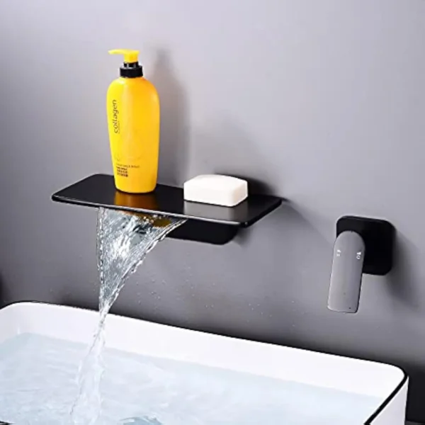 Wall Mount Bathroom Sink Faucet Black Wide Waterfall Spout Single Handle Vanity Mixer Tap with Rough In Valve - Image 5