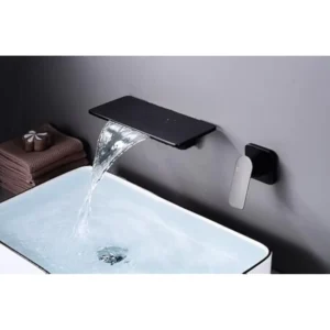 Wall Mount Bathroom Sink Faucet Black Wide Waterfall Spout Single Handle Vanity Mixer Tap with Rough In Valve