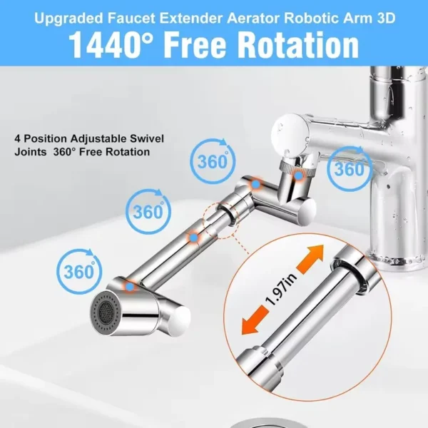 Retractable Faucet Extension Aerator 1440° Robotic Arm Swivel Nozzle Kitchen Sink Mixer Tap 2 Flow Modes - Image 4