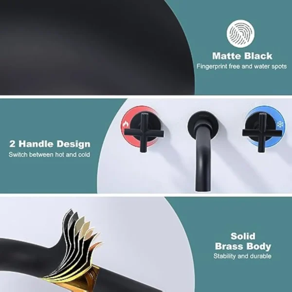 Matte Black Bathroom Wall Mount Faucet 2 Handle Basin Sink Mixer with Rough In Valve Vessel Vanity Faucet - Image 6