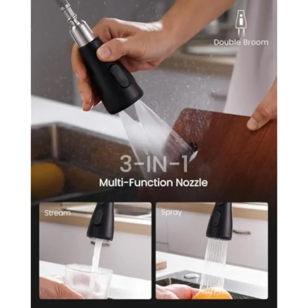 Matte Black Kitchen Faucet 2 Hole Design with Pull Down Sprayer 3 Mode High Arc Kitchen Sink Tap - Image 3