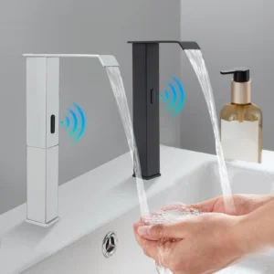 Touchless Sensor Faucet with Waterfall Spout Adjustable Temperature Valve Black Finish for Kitchen Bathroom