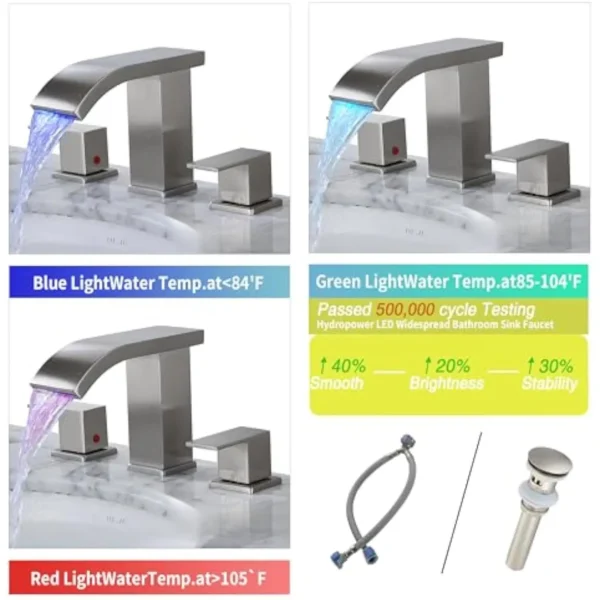 Bathroom Sink Faucet 3 Hole Widespread Brushed Nickel Vanity Faucet with LED Light 8 Inch Modern Design - Image 2