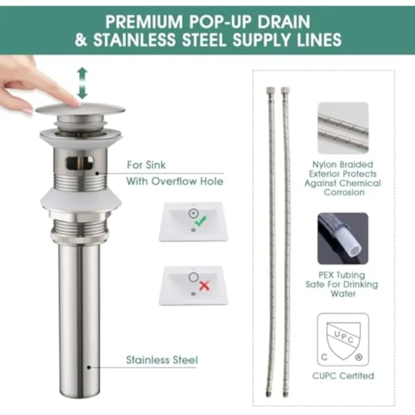 Bathroom Sink Faucet 3 Hole Widespread 2 Handle Vanity Faucet with Pop-Up Drain and Supply Lines Stainless Steel - Image 5