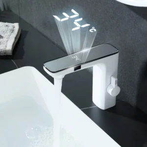 Smart White Bathroom Basin Faucet Dual Sensor Touchless Mixer Tap Hot Cold Deck Mounted Sink Tap