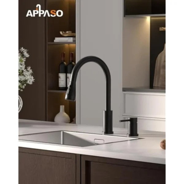 Matte Black Kitchen Faucet 2 Hole Design with Pull Down Sprayer 3 Mode High Arc Kitchen Sink Tap - Image 2
