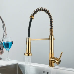 Brushed Gold Kitchen Faucet Spring Pull Down Mixer Tap Hot and Cold Water Deck Mounted Sink Tap