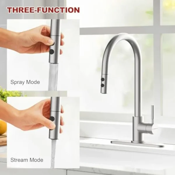 Brushed Nickel Kitchen Faucet Pull Down Sprayer High Arc Single Handle Kitchen Sink Tap 1 or 3 Hole Install - Image 3