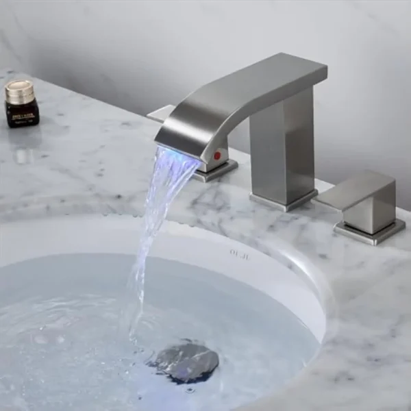 Bathroom Sink Faucet 3 Hole Widespread Brushed Nickel Vanity Faucet with LED Light 8 Inch Modern Design - Image 4