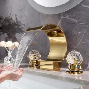 Crystal Handle Bathroom Sink Faucet 3 Hole Widespread Waterfall Vanity Faucet 8 Inch High Arc Basin Mixer
