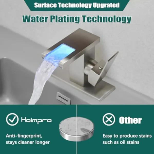 LED Waterfall Bathroom Faucet Single Handle Vanity Sink Faucet 3 Color Changing Light Brushed Nickel - Image 3
