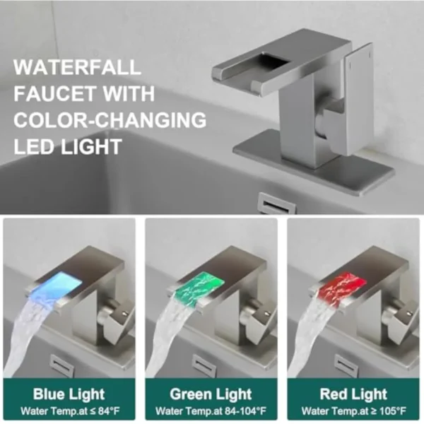 LED Waterfall Bathroom Faucet Single Handle Vanity Sink Faucet 3 Color Changing Light Brushed Nickel - Image 2