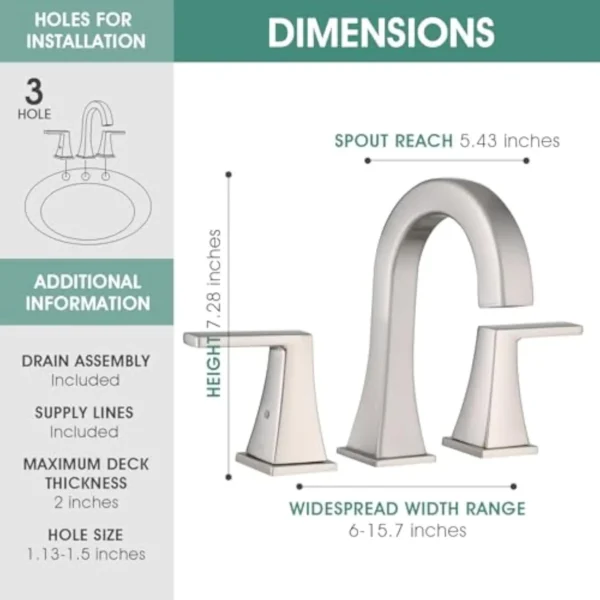 Bathroom Sink Faucet 3 Hole Widespread 2 Handle Vanity Faucet with Pop-Up Drain and Supply Lines Stainless Steel - Image 4