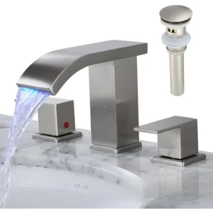 Bathroom Sink Faucet 3 Hole Widespread Brushed Nickel Vanity Faucet with LED Light 8 Inch Modern Design