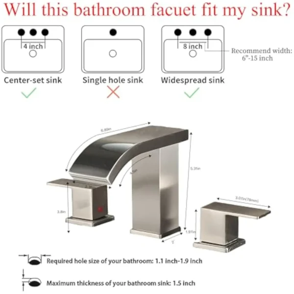 Bathroom Sink Faucet 3 Hole Widespread Brushed Nickel Vanity Faucet with LED Light 8 Inch Modern Design - Image 3