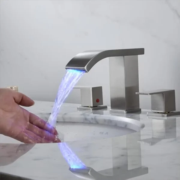Bathroom Sink Faucet 3 Hole Widespread Brushed Nickel Vanity Faucet with LED Light 8 Inch Modern Design - Image 5