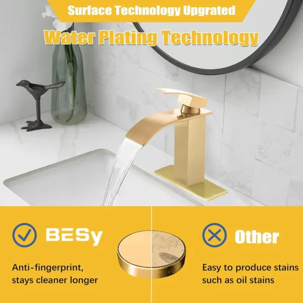 Waterfall Spout Bathroom Sink Faucet Single Handle Vanity Vessel Basin Mixer Tap with Deck Plate - Image 3