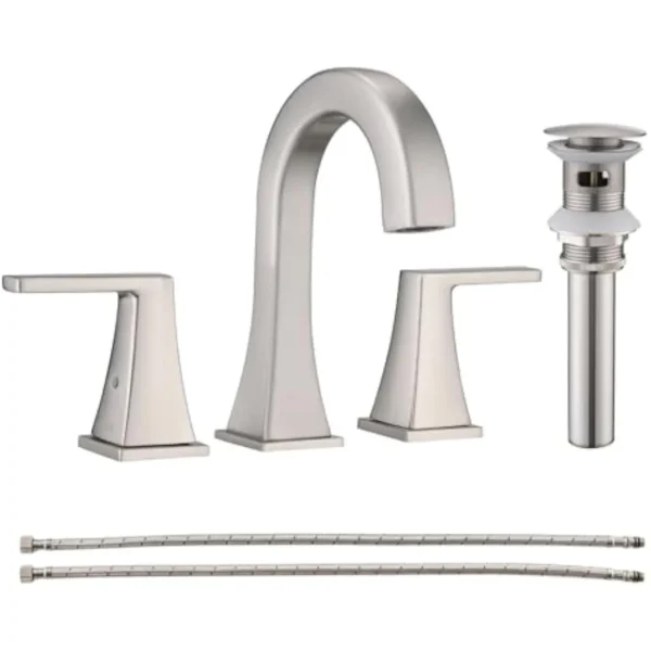 Bathroom Sink Faucet 3 Hole Widespread 2 Handle Vanity Faucet with Pop-Up Drain and Supply Lines Stainless Steel