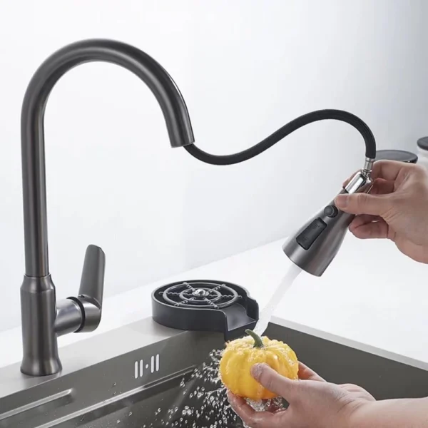 Kitchen Sink Faucet Single Hole Pull Out Sprayer Mixer Tap Chrome Black Swivel Spout Faucet - Image 2