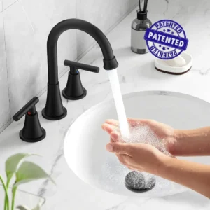 Hurran Matte Black Bathroom Sink Faucet 3 Hole Widespread Vanity Faucet with Pop Up Drain Stainless Steel
