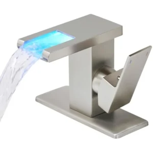 LED Waterfall Bathroom Faucet Single Handle Vanity Sink Faucet 3 Color Changing Light Brushed Nickel