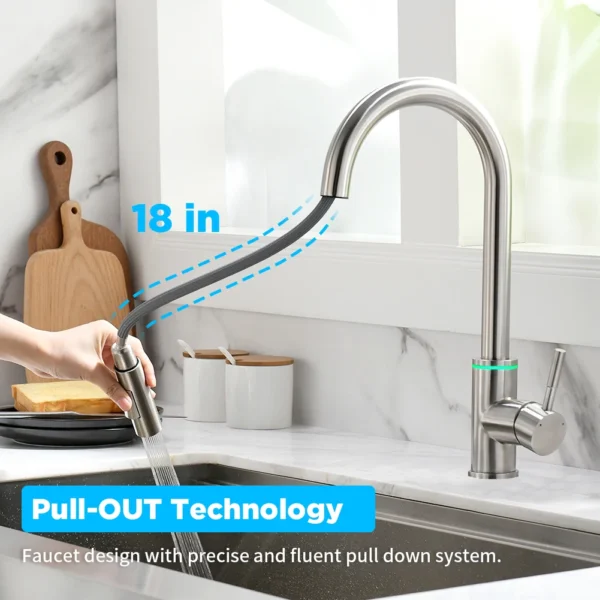 Brushed Nickel LED Kitchen Faucet Single Hole Pull Out Spout Mixer Tap with Sprayer Stream Black Sink Tap - Image 4