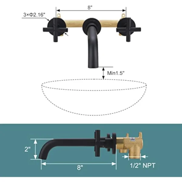 Matte Black Bathroom Wall Mount Faucet 2 Handle Basin Sink Mixer with Rough In Valve Vessel Vanity Faucet - Image 4