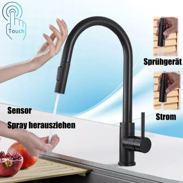 Black Pull Out Sensor Kitchen Faucet Touch Control Mixer Tap Single Handle 2 Function Kitchen Sink Sprayer - Image 2
