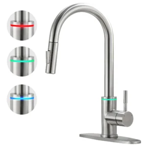 Brushed Nickel LED Kitchen Faucet Single Hole Pull Out Spout Mixer Tap with Sprayer Stream Black Sink Tap